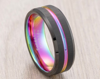 Tungsten Carbide Multi-Color Ring Grooved Black Matte Finish Beveled Edges Engagement Ring, Rainbow Ring, 8mm Ring