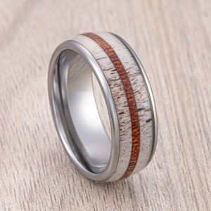Silver Tungsten Carbide Wedding Band, Dome Deer Antler Ring Whisky Barrel Wood Center Inlay, Engagement Ring, Men’s Wedding Band, 8mm ring