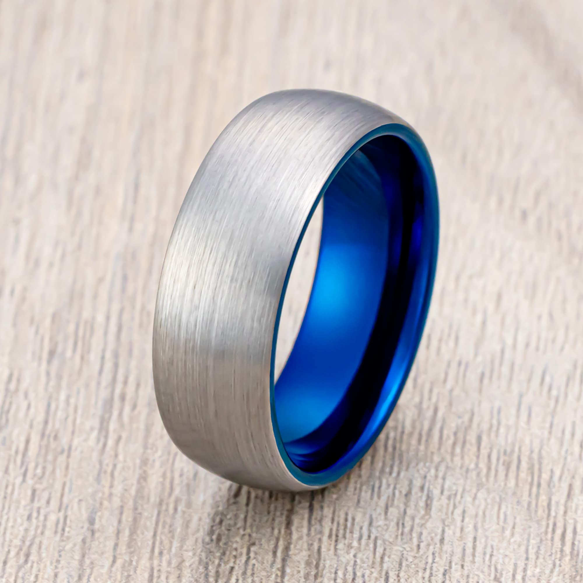 Blue Tungsten Wedding Band, Dome Shape Brushed Center, Comfort Ring Blue Tungsten Wedding Band, Dome Shape Brushed Center, Comfort Ring
