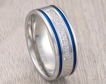 Mirror Polished Stainless Steel Band 10 CZ Diamonds With Blue Grooves, Men’s Wedding Band, Engagement Ring, Unique Wedding Rings 8mm ring