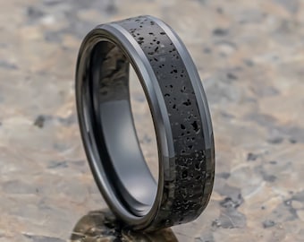 Black Ceramic Wedding Band with Black Gray Lava Rock Stone Inlay, Men’s Wedding Band, Engagement Ring, Unique Wedding Rings, 6mm Ring