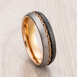 Black & Rose Gold Tungsten Wedding Band Matte Finish Braid Center Brushed Ring, Men’s Wedding Band, Engagement Ring, Unique 6mm 8mm Ring