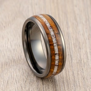 Gunmetal Tungsten Carbide Wedding Band, Dome Whisky Barrel Wood, Deer Antler Center Inlay, Engagement Ring, Men’s Wedding Band, 8mm ring