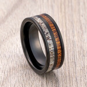 Black Tungsten Carbide Wedding Band, Deer Antler Ring, Koa Wood Inlay, Engagement Ring, Men’s Wedding Band, Unique Wedding Ring, 8mm ring