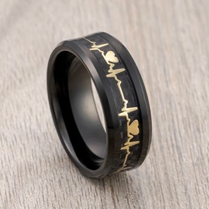 Black Tungsten Carbide Wedding Band, Gold EKG Heartbeat Cut Out Inlay, Men’s Wedding Band, Engagement Ring, Unique Wedding Rings 8mm Ring.