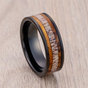 Black Tungsten Carbide Wedding Band Ring Whiskey Barrel Oak Wood and Deer Antler Center Inlays, 8mm ring, Engagement Ring, Anniversary Ring