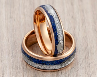 Alianza de boda de tungsteno de oro rosa, anillo de flecha lapislázuli, alianza de hombre de meteorito, anillo de compromiso, anillos únicos, anillos para él y para ella