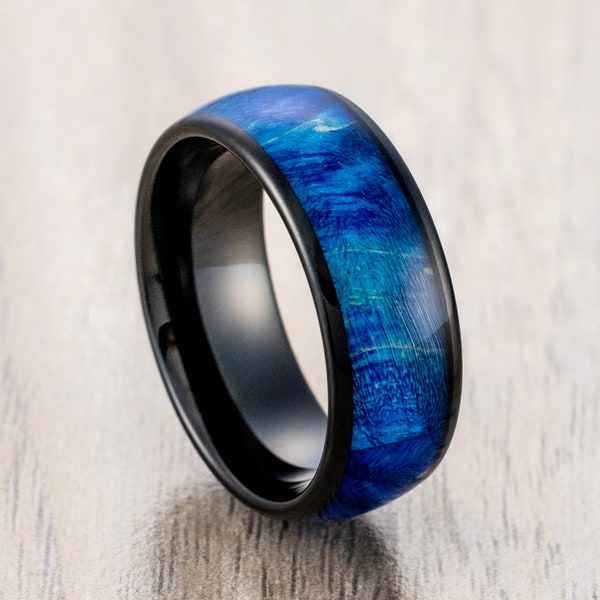 Alliance en carbure de tungstène bleu azur stabilisé, incrustations de bois bleu, alliance pour homme, bague de fiançailles, alliances uniques, anneau de 8 mm