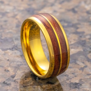 Tungsten Carbide Double Barrel Ring Real Koa Wood Inlay Dome Wedding Band, 8mm Band