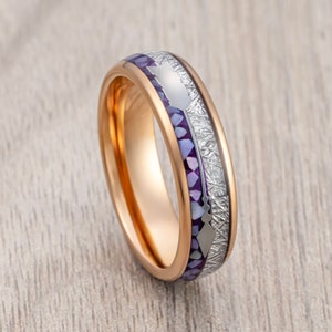 Tungsten Carbide Wedding Band Rose Gold Arrow Ring, Purple Agate & Meteorite Inlay, Men’s Wedding Band, Engagement Ring, 6mm ring