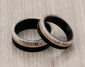 Alianza de boda de carburo de tungsteno negro, anillo de asta de ciervo, incrustación de oro rosa, anillo de compromiso, alianza de boda para hombre, anillos para él y para ella de 6 mm y 8 mm