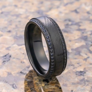 TROPHY Black Damascus Steel Inlaid Polished Black, Titanium Men's Wedding Band With Black Sapphire Beveled Edges - 8mm