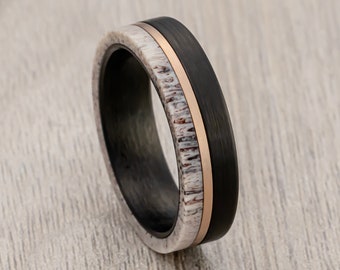 Alianza de boda de carburo de tungsteno negro, anillo de asta de ciervo, incrustación de oro rosa, anillo de compromiso, alianza de boda para hombre, anillo de boda único, anillo de 6 mm