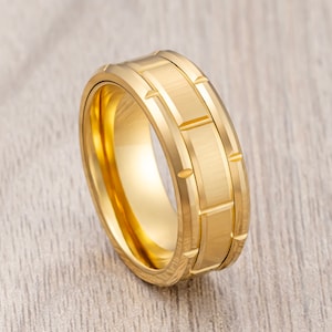 Gold Tungsten Carbide Wedding Band, Brick Pattern Brushed Center, Men’s Wedding Band, Engagement Ring, Unique Wedding Rings, 8mm Ring