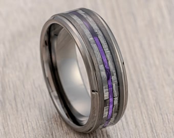 Gunmetal Tungsten Carbide Wedding Band Gray Carbon Fiber and Purple Wood Inlay, 8mm Ring