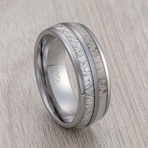 Silver Tungsten Carbide Wedding Band, Deer Antler, Meteorite Inlay, Man & Women, Tungsten Ring, 8mm ring