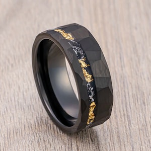 Black Tungsten Carbide Hammered Band With Off Center Asymmetrical Gold Leaf, Black Meteorite Hammered Wedding Ring, Brushed Finish, 8mm Ring