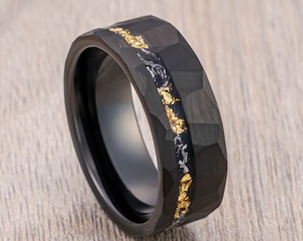 Black Tungsten Carbide Hammered Band With Off Center Asymmetrical Gold Leaf, Black Meteorite Hammered Wedding Ring, Brushed Finish, 8mm Ring
