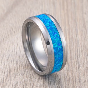 Silver Tungsten Wedding Band With Blue Opal Inlay, Engagement Ring, Anniversary Ring, Men’s Wedding Band Comfort Fit, Blue Opal Ring 8mm