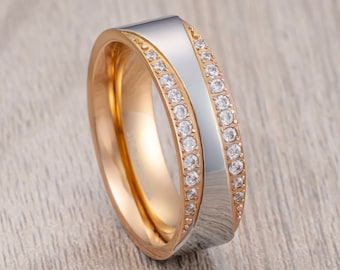 Rose Gold and Silver Polished Stainless Steel Ring, Dome Ring With Edge Set Pave CZS, 8mm ring