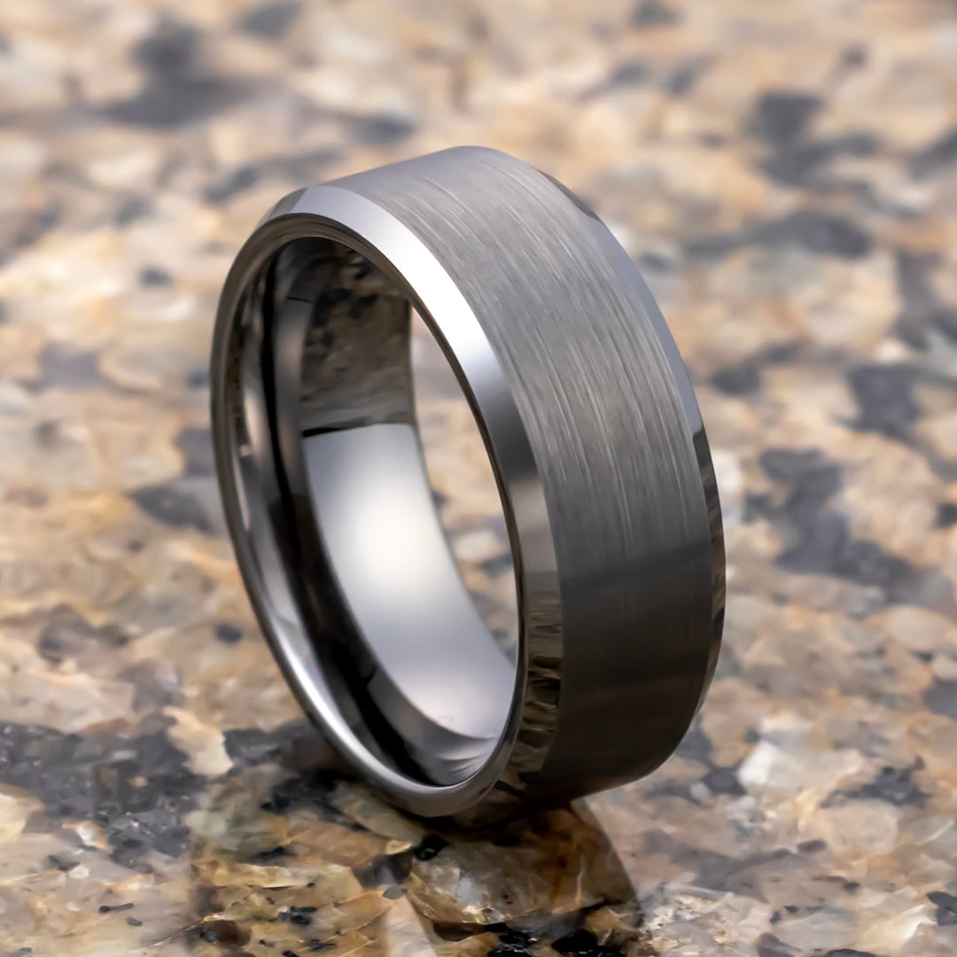 Gunmetal Tungsten Carbide Wedding Band With Beveled Edges Brushed