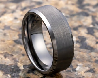 Gunmetal Tungsten Carbide Wedding Band with Beveled Edges Brushed Center, 6mm & 8mm Ring