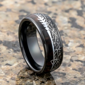 Black Tungsten Carbide Arrow Wedding Band W/ Koa Wood, Black Meteorite, Men’s Wedding Band, Engagement Ring, Unique Wedding Rings  8mm ring