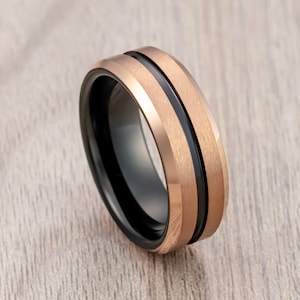 Black & Rose Gold Tungsten Wedding Band, Rose Gold Polished Beveled Edges, Men’s Wedding Band, Engagement Ring, Unique Wedding Ring 8mm Ring