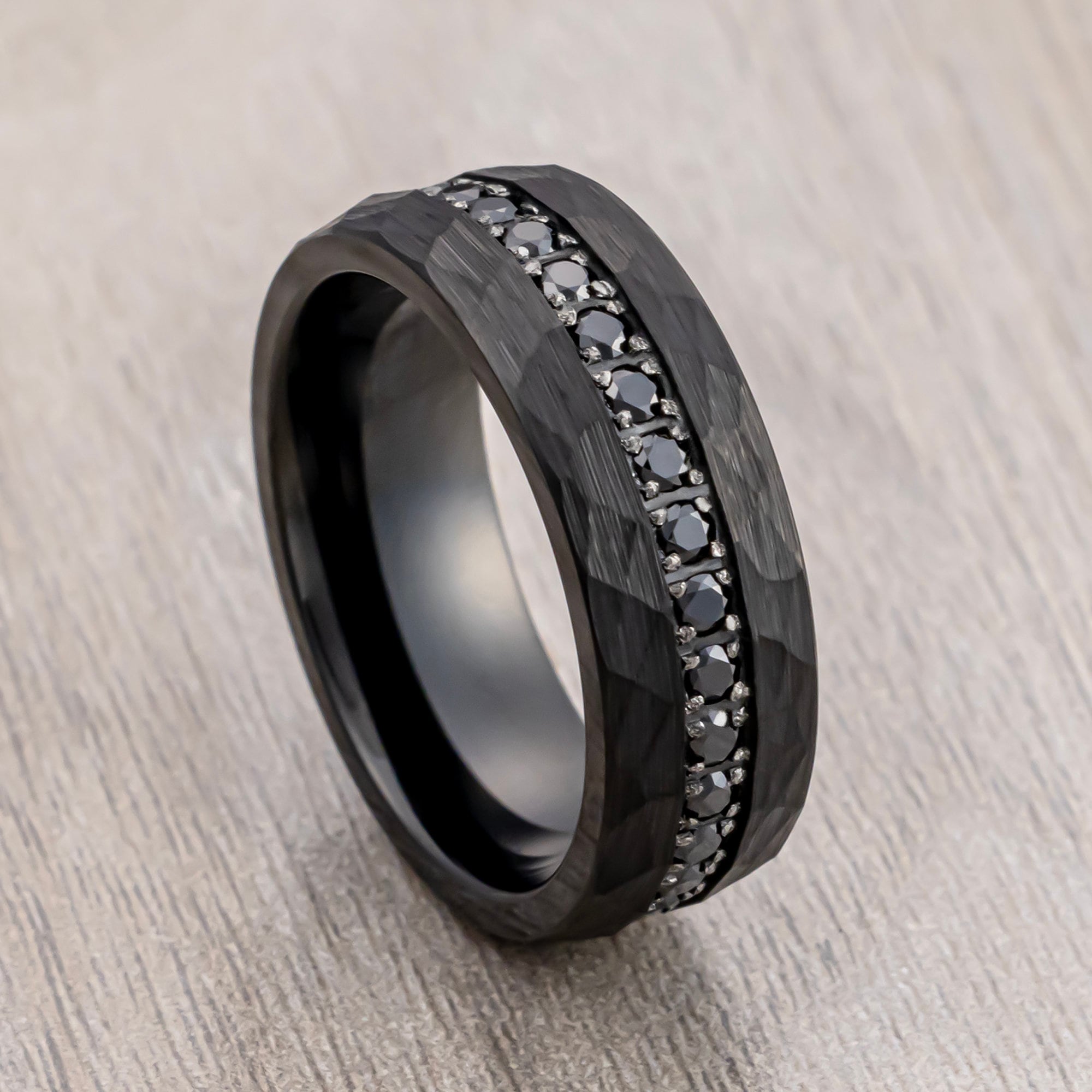 Black Tungsten Wedding Band Hammered With Black Sapphires