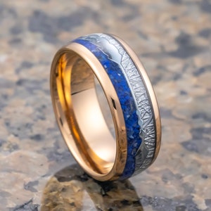 Rose Gold Tungsten Carbide Arrow Wedding Band W/ Blue Lapis Lazuli, Faux Meteorite, 6 & 8mm ring