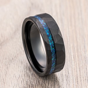 Black Tungsten Wedding Band, Blue Opal Hammered Ring, Brushed Finish, Men’s Wedding Band, Engagement Ring, Unique Wedding Rings, 8mm Ring