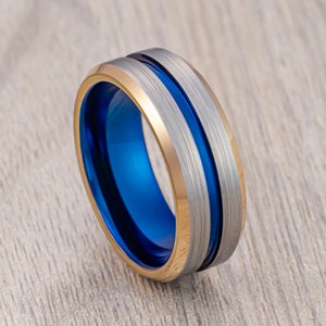 Tungsten wedding Band, Blue & Rose Gold Polished Edges, Brushed Center Beveled Edges, Men’s Wedding Band, Engagement Ring, Unique Rings 8mm