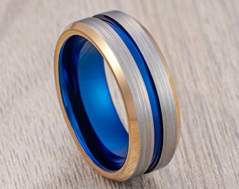 Tungsten wedding Band, Blue & Rose Gold Polished Edges, Brushed Center Beveled Edges, Men’s Wedding Band, Engagement Ring, Unique Rings 8mm
