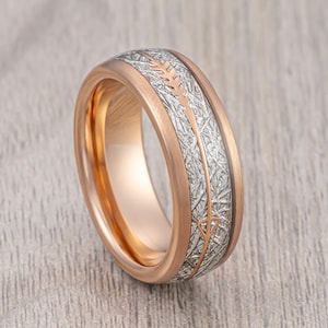 Rose Gold Tungsten Carbide Arrow Wedding Band With Faux Meteorite, Brushed Edges, Tungsten Wedding Ring, 8mm ring
