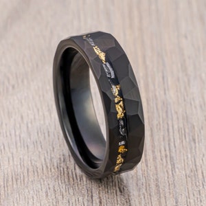 Black Tungsten Carbide Hammered Band With Off Center Asymmetrical Gold Leaf, Black Meteorite Hammered Wedding Ring, Brushed Finish, 6mm Ring