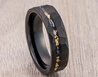 Black Tungsten Carbide Hammered Band With Off Center Asymmetrical Gold Leaf, Black Meteorite Hammered Wedding Ring, Brushed Finish, 6mm Ring