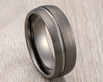 Men's Tungsten Wedding Band Ring off Center Groove Dome shape, Men’s Wedding Band, Engagement Ring, Unique Wedding Rings Gunmetal 8mm Band
