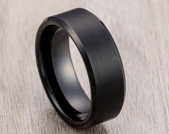 Black Tungsten Carbide Wedding Band with Beveled Edges Brushed Center, Men’s Wedding Band, Engagement Ring, Unique Wedding Rings 8mm Ring.