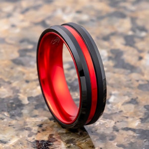 Black & Red Brush Matte Finish Tungsten Carbide Ring, Beveled Edge Red Inlay, Wedding Band, 6mm ring
