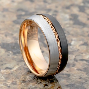 Black & Rose Gold Tungsten Wedding Band Matte Finish Braid Center Brushed Ring, Men’s Wedding Band, Engagement Ring, Unique 8mm 6mm Ring