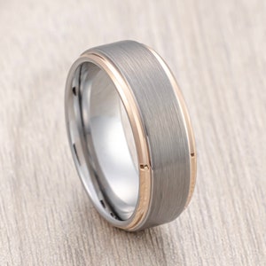Silver Tungsten Wedding Band Brushed Center, Rose Gold Stepped Edges, Men’s Wedding Band, Engagement Ring, Unique Wedding Ring, 6mm 8mm Ring