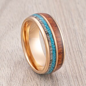 Rose Gold Tungsten Carbide Wedding Band, Deer Antler Blue Turquoise Koa Wood Inlay, Dome Ring, Engagement Ring, Men’s Wedding Band, 8mm ring