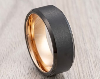 Black Tungsten Carbide Wedding Band with Rose Gold Inlay Beveled Edges, Men’s Wedding Band, Engagement Ring, Unique Wedding Rings 8mm Ring