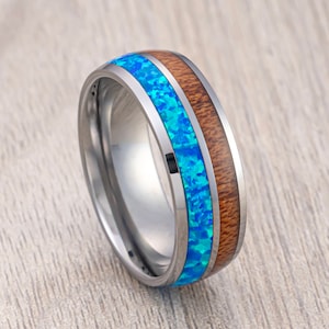 Tungsten Wedding Band Koa Wood Ring With Blue Opal Inlay, Engagement Ring, Anniversary Ring, Men’s Wedding Band Comfort Fit 8mm Silver Ring