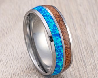Tungsten Wedding Band Koa Wood Ring With Blue Opal Inlay, Engagement Ring, Anniversary Ring, Men’s Wedding Band Comfort Fit 8mm Silver Ring