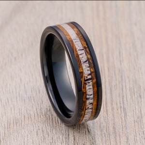 Black Tungsten Carbide Wedding Band Ring Whiskey Barrel Oak Wood and Deer Antler Center Inlays, 6mm ring, Engagement Ring, Anniversary Ring