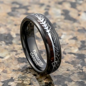 Black Tungsten Carbide Arrow Wedding Band W/ Koa Wood, Black Meteorite, Men’s Wedding Band, Engagement Ring, Unique Wedding Rings  6mm ring