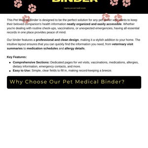 Op de afbeelding: Een zwart document met de gele tekst PET MEDICAL BINDER en de ondertitel Organize your pet's health records. De achtergrond bevat lichtroze pootafdrukken. Daaronder beschrijft zwarte tekst secties voor dierenartsbezoeken en vaccinaties.