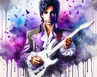 Prince in the Purple Rain, Watercolor Portrait, Digital Wall Art, Music Poster, Home Decor, Printable up to 60x60 in (150x150 cm)