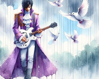 Prince in the Purple Rain with White Doves and Guitar, Digital Wall Art, Music Poster, Home Decor, Printable up to 60x60 in (150x150 cm)